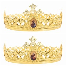 Orthodox Stefana Wedding Crowns: (#3) Set of 2 Gold Finish w/ Oval Icons -NEW picture