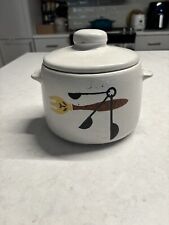 Vintage West Bend Stoneware Bean Pot With Lid . Fork And Measuring Spoons Design picture