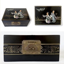 Vintage Lacquered Jewelry Box / Jade & Mother of Pearl  / Hand Painted Gilt picture
