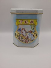 Rare 1940s Vintage Tin Tea Cannister with Gold Accents Woman Holding Kettle picture