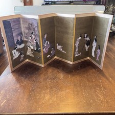 VTG Japanese 6-Panel Folding Screen Gold Background Figural Scene Byobu Style picture