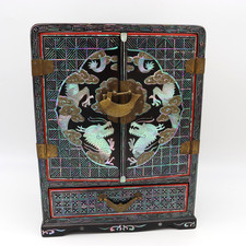 Vtg Asian Mother of Pearl Inlay Dragon Phoenix Black Jewelry Box Lacquer Cabinet picture