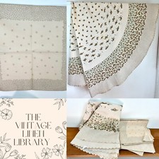 Vintage Set Of 8 Napkins & Round Tablecloth Beige Floral Polka Dot Set 1980s picture