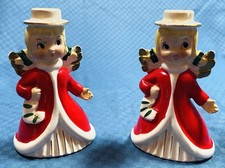 Pair Vintage NAPCO Red Christmas Ceramic Angel Candle Holder Bell Japan 1950s picture