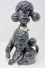 Vintage MCM Atlantic Mold Perrie Poodle Black Iridescent Carnival Glass Statue picture