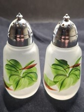 MINT Vtg 1950s Hazel Atlas Frosted Glass Salt Pepper Shakers Green Leaf MCM picture