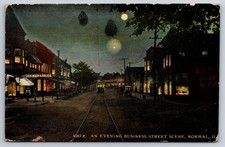 Normal Illinois Evening Business Street Scene Streetcar Storefronts Night Moon picture