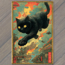 POSTCARD Giant Black Cat Kaiju Leaping Over Burning City Ukiyo Japanese picture