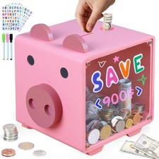 AerWo Wooden Piggy Bank Kids, Pink Piggy Bank Girls Acrylic Windows picture