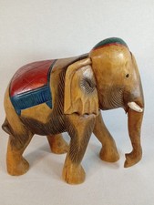 Large Hand Carved Wooden Elephant Figure Painted Saddle Asian Decor 30cm picture