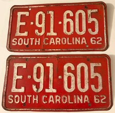 Vintage 1962 South Carolina License Plate Pair E 91 605 picture