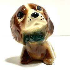 Vintage Small Ceramic Dog Planter Brown Floppy Ears Green Collar Hand Painted picture