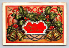 Embossed Merry Christmas Bells Mistletoe & Ropes Postcard picture