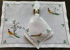 Vintage Placemats Madeira Embroidered Pheasants Trees 4 Placemats, 3 Napkins picture