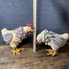 Pair Of Vintage Handmade Fabric Chicken Roosters Plush Farm Unique Farmhouse picture