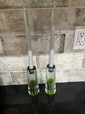 Set Of Vintage  Solid Glass Candle Stick Holders Heavy Glass With Green  Inside picture