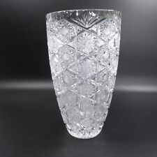 Czech Crystal Vase Cut & Etched Stars in Diamond Pattern Curved into Notched Top picture