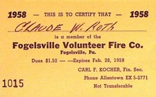 Fogelsville PA Volunteer Fire Co 1958 Membership Card Claude Roth picture