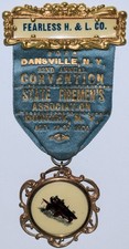 159k. GREAT 1906 STATE FIREMANS CONVENTION BADGE FEARLESS H & L Co. DUNKIRK NY. picture