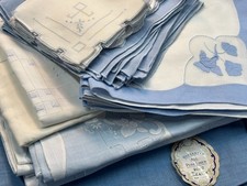 Lot 40 Piece Vtg Antique LINEN Napkins Placemats Runner Tablecloths Madeira Blue picture