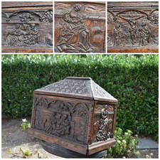 Antique 1800s Wood carved reliquary cabinet bas relief religious scenes rare picture