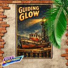 Night Harbor Boat Guiding Beacon Retro Metal Tin Sign 8x12``` picture