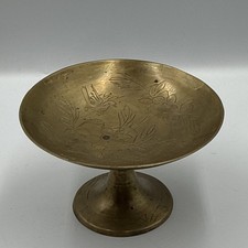 Vintage Etched Brass Pedestal Compote Bowl - Bird and Floral Design picture