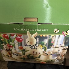 20pc Easter Bunny Tea Set Ceramic Teapot Cups Sugar Creamer Napkin Rings Spring  picture