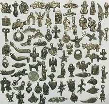 100 Milagro Charms Mexican Folk Art Dark Antique SILVER Black Exvoto Nicho picture