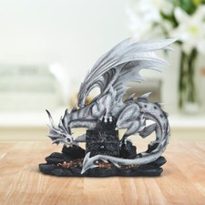 Medieval White Dragon with Treasure Chest Statue 20