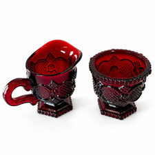 Vintage Avon 1876 Cape Cod Ruby Red Glass Creamer & Sugar Bowl Set picture