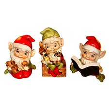 Vintage Set of 3 Homco # 5406 Ceramic Christmas Elf Pixie Gnome Figurines picture