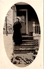 Pretty Woman on Porch in Fur Coat & Winter Hat 1900s RPPC Postcard Photo picture