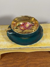 VTG Royal Sealy China Japan Teal Gold Fruit Motif Teacup and Saucer Hand Painted picture
