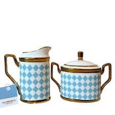 Almeria Blue & White Harlequin Porcelain Creamer & Sugar Jar w/ Gold Accents NEW picture