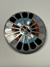 Vintage Zuni Native Sun Kachina Multi Inlay Silver Pin Brooch Pendant picture
