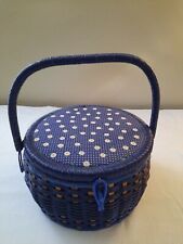Vintage Mid Century Blue Calico Satin Lined Wicker Sewing Basket Made in Japan picture