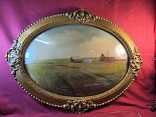 VTG 24x19 Ornate Gold Oval Bubble Convex Glass Picture Frame Farm Print picture