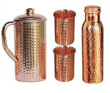 Copper Water Jug Pitcher Pure Mug Hammered Pot With 2 Glass Tumblers 1 Bottle picture