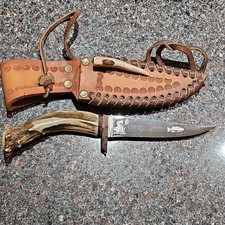 Vtg Bob Schopp BCS Custom Knife Hide Sheath USA Antler Handle Fishing Western  picture