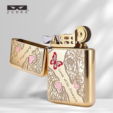 ZORRO Inlaid Butterfly Motif Kerosene Lighter, Windproof Collectible Brass Light picture