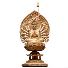 Hinoki Cypress Wood Carved Avalokiteshvara Statue with Eighteen Arms Kuan Yin picture