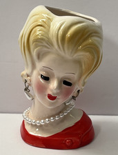 Vintage MCM Mini Lady Head Vase Red Dress Pearl Necklace & Earrings Marked Japan picture