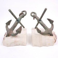 Vintage 1970's Pair Signed CURTIS JERE Bronze Anchor & Quartz Nautical Bookends picture