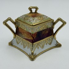 Nippon Sunset Landscape Hand Painted Moriage Antique Porcelain Lidded Sugar Bowl picture
