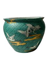 Japanese Koi Pot Green Blue Planter Bowl White Herons 12 1/2 “w X 10 1/4”h picture
