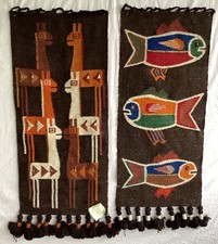 2 Vintage 1980s Folklore Olga Fisch Wall Tapestry Quito Ecuador MCM Fish 35”x17” picture