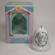 Vtg 1996 Precious Moments 111147 Porcelain Holiday Bell Ornament White Christmas picture