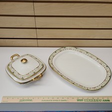 1930s Crooksville Porcelain Gilded Floral Soup Tureen & Large Serving Platter picture