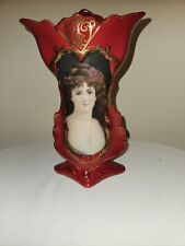 Vintage Fleur De Lys Victorian Lady Red Porcelain Portrait Vase picture